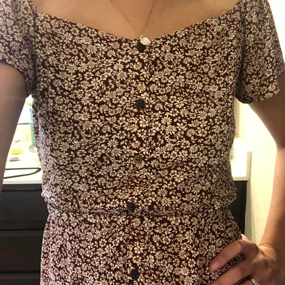 Burgundy Floral Midi Dress Cottagecore - Picture 2 of 2